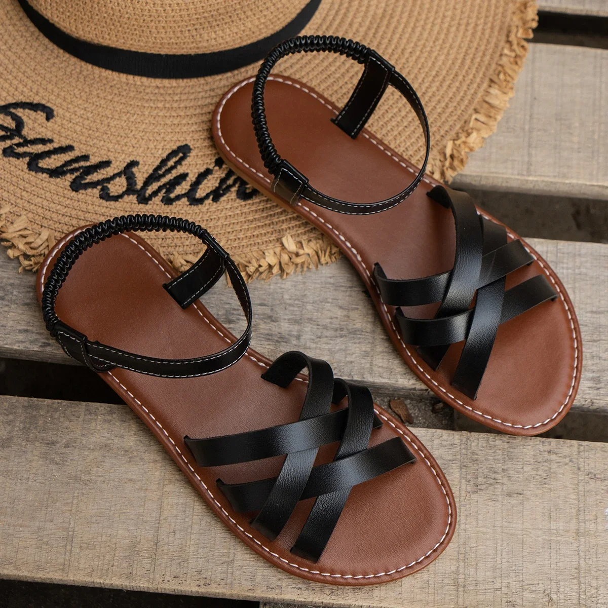 Women’s Strappy Open Toe Flat Beach Sandals - Sophia