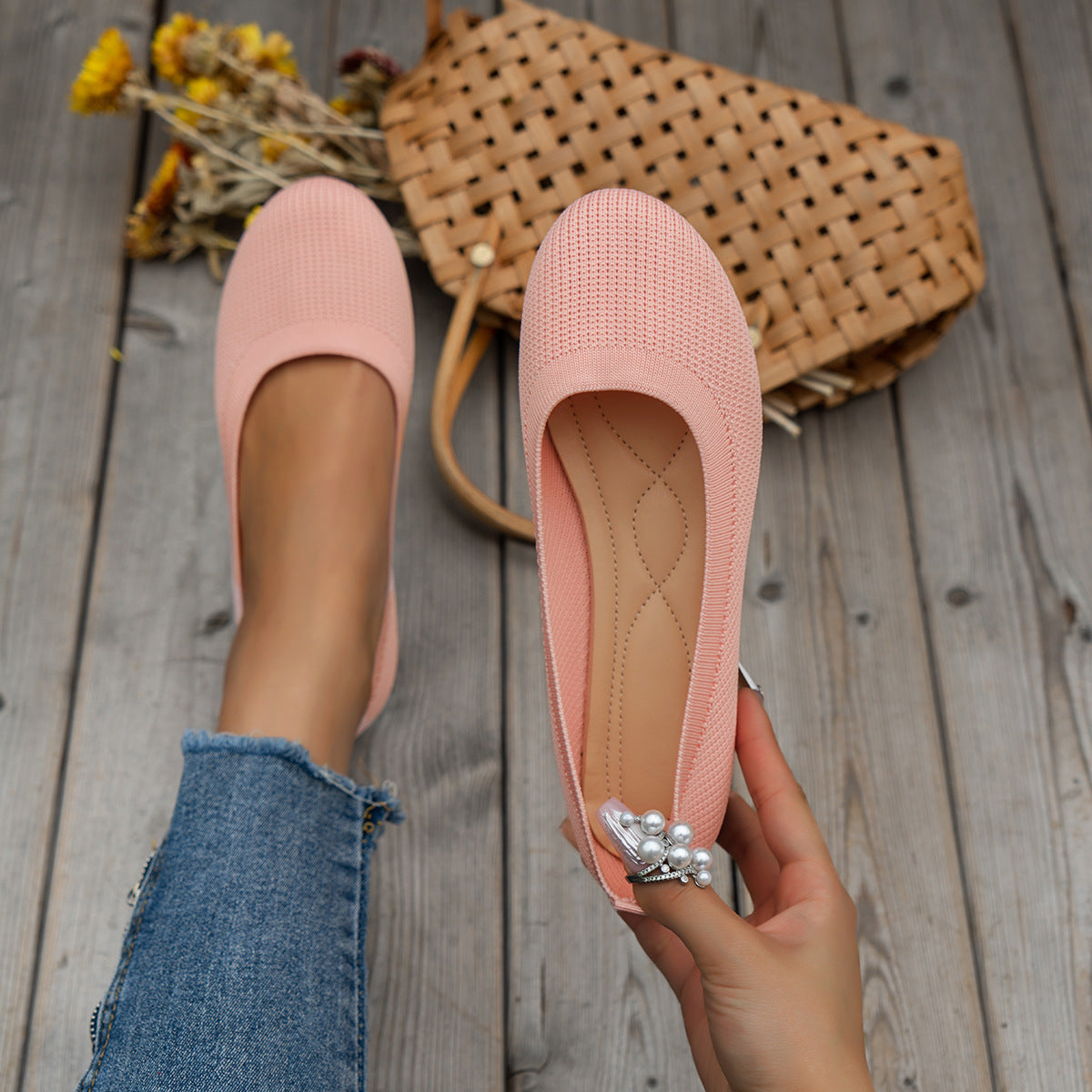 Knit Slip On Ballet Flats Comfortable Round Toe - Chloe