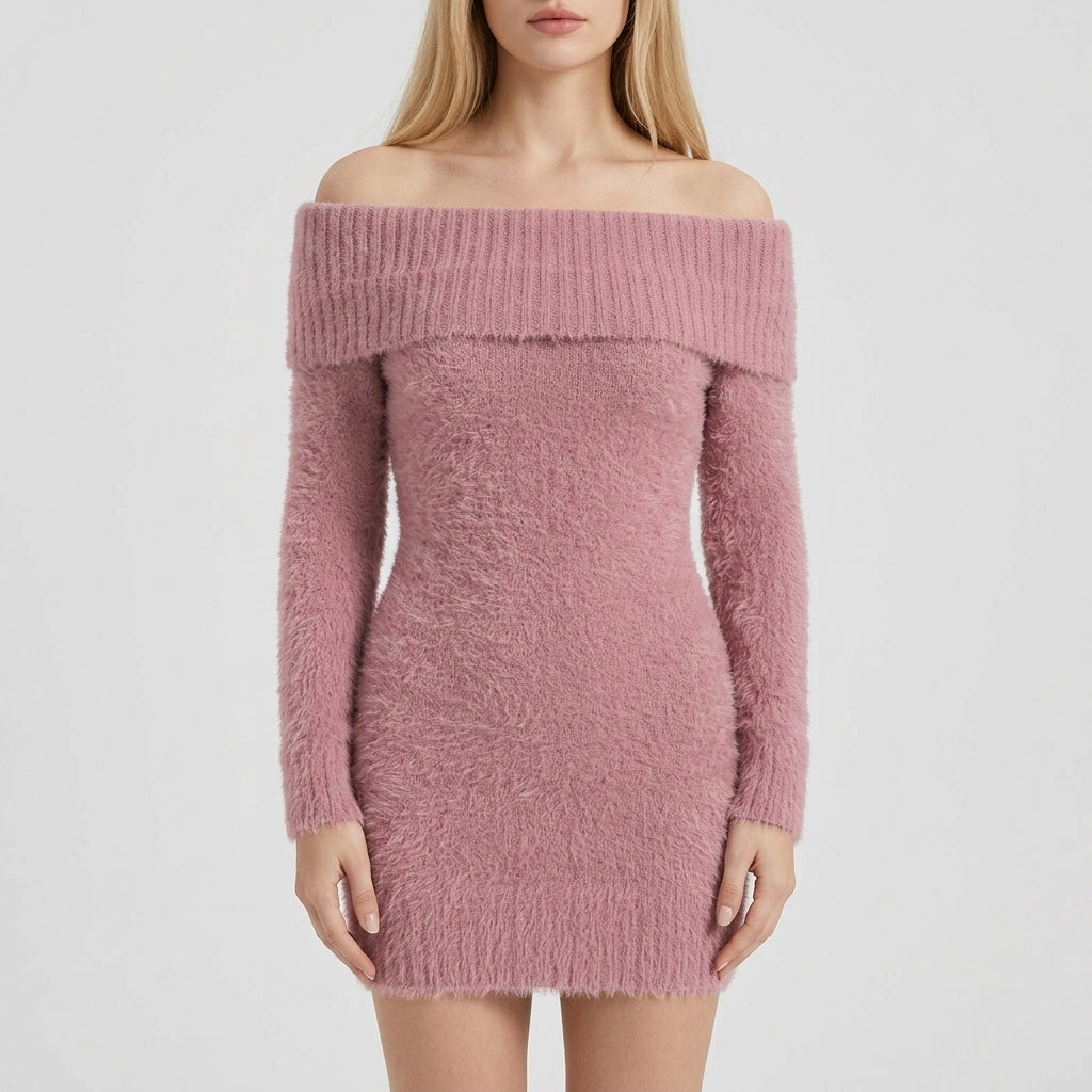 A woman wearing a fuzzy off-the-shoulder pink knit mini dress against a light gray studio background.