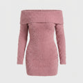 A dusty pink fuzzy off-the-shoulder sweater dress with long sleeves, shown against a light gray background.