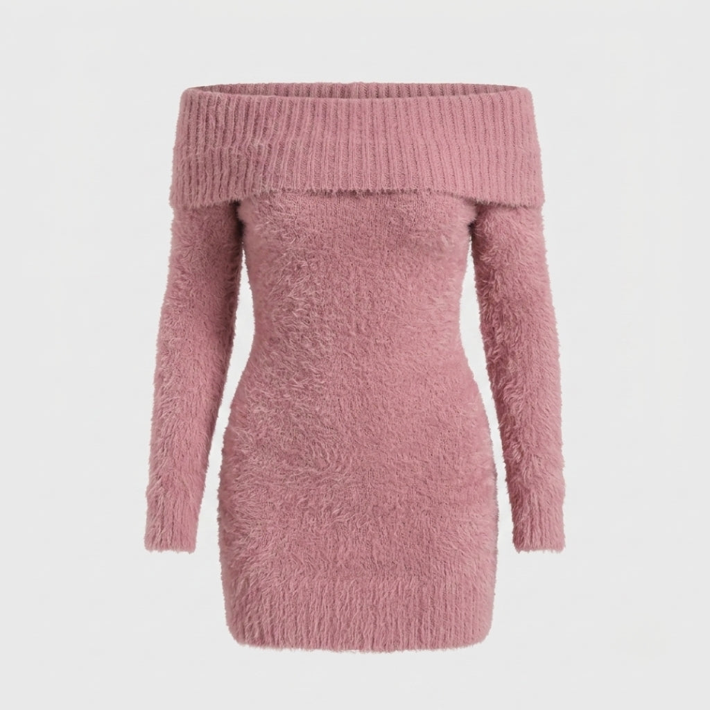A dusty pink fuzzy off-the-shoulder sweater dress with long sleeves, shown against a light gray background.