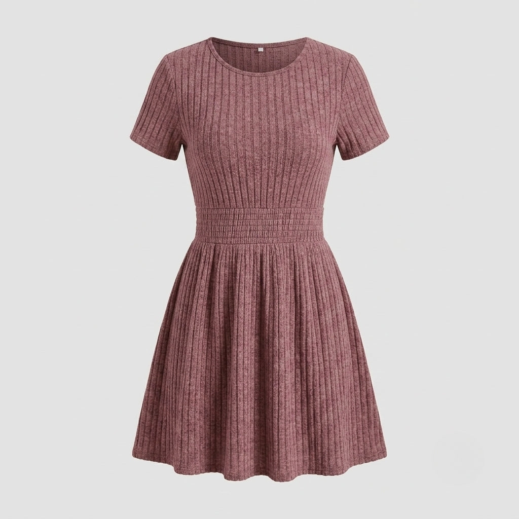 A short-sleeve ribbed knit dress in a mauve color, featuring a round neckline, fitted waist, and flared skirt, shown against a solid light gray background.