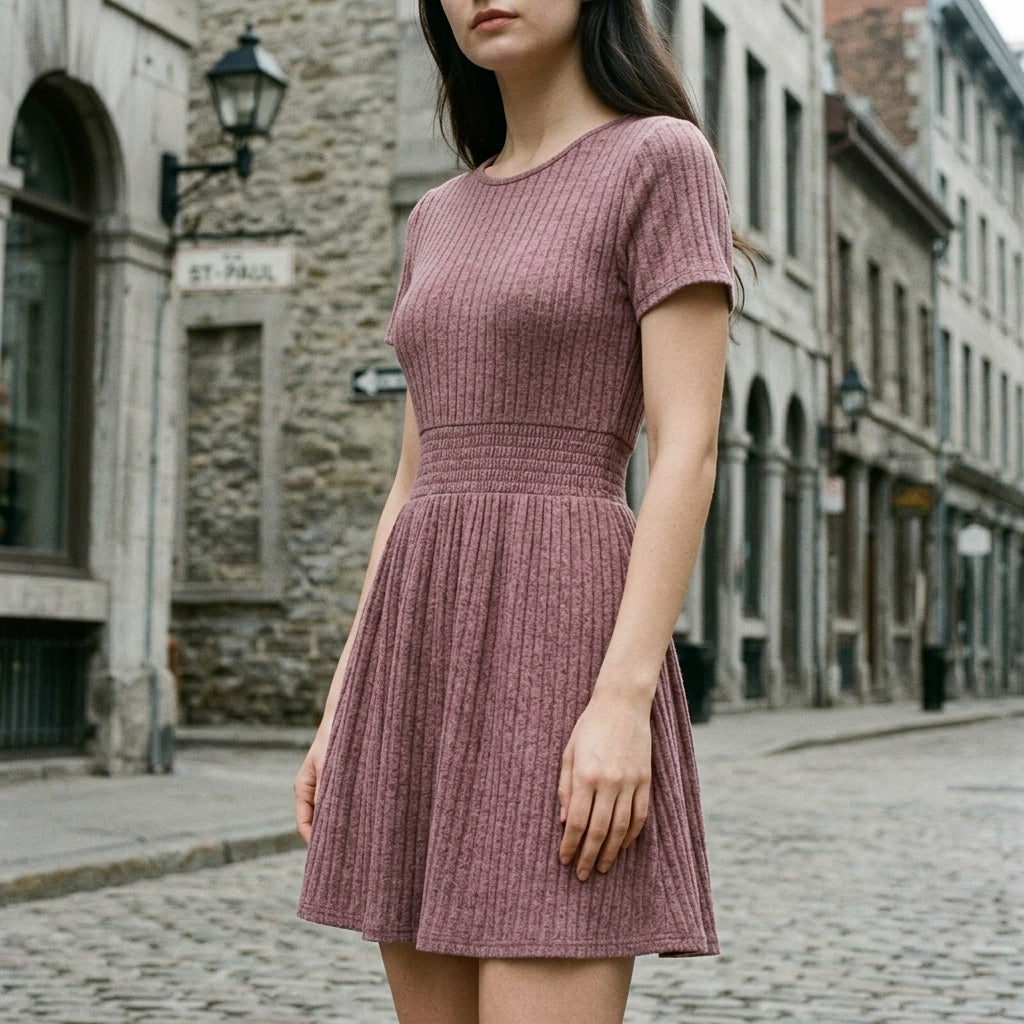 A woman wearing a short-sleeve, ribbed knit mini dress in a mauve color, standing on a cobblestone street in front of historic stone buildings.