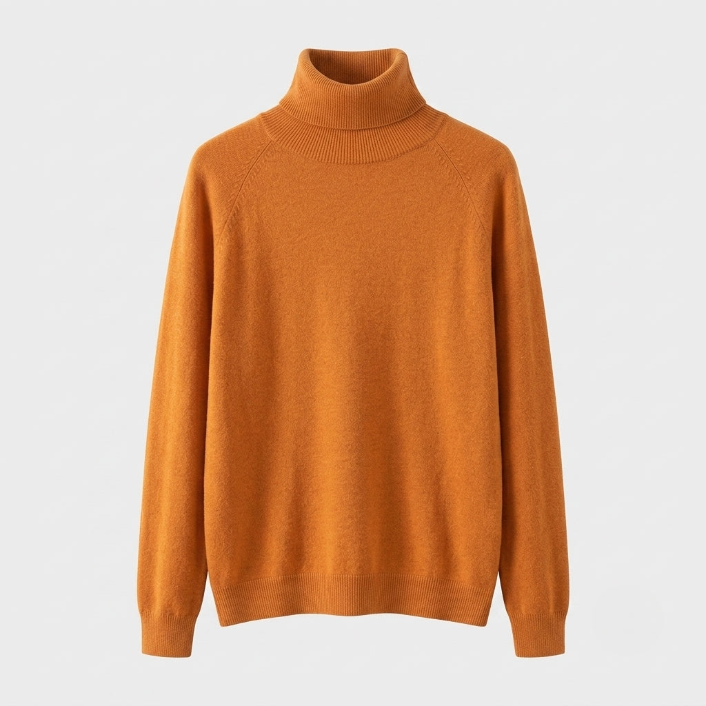 A long-sleeve knit turtleneck sweater in a warm camel orange color, displayed against a light gray background.