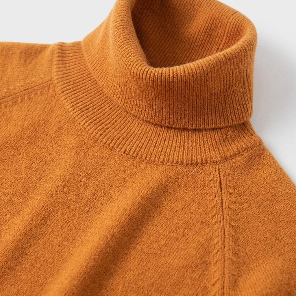 Close-up of a ribbed knit turtleneck sweater in a warm camel or ochre orange color, showing the texture and collar detail against a light background.