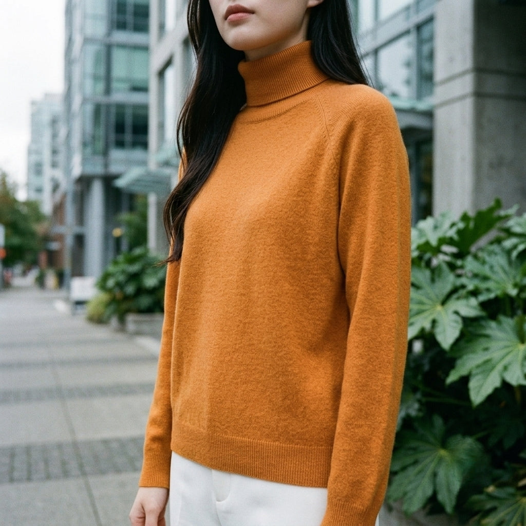 A woman wearing a warm orange turtleneck sweater and white pants, standing outdoors on a city sidewalk with modern buildings and green plants in the background.
