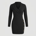 A black cable-knit wrap-style sweater dress with long sleeves and gold-tone buttons down the side, shown against a light gray background.