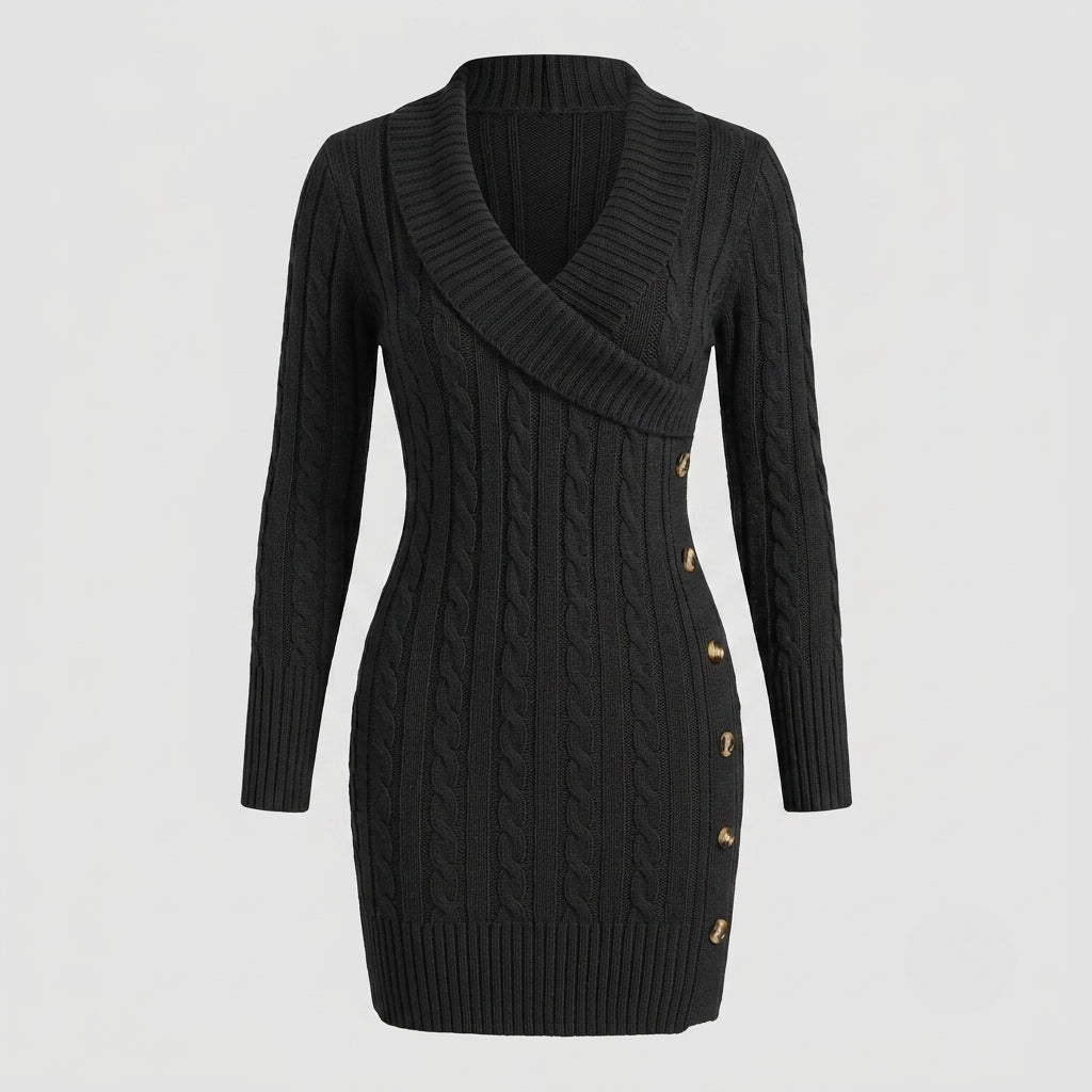 A black cable-knit wrap-style sweater dress with long sleeves and gold-tone buttons down the side, shown against a light gray background.