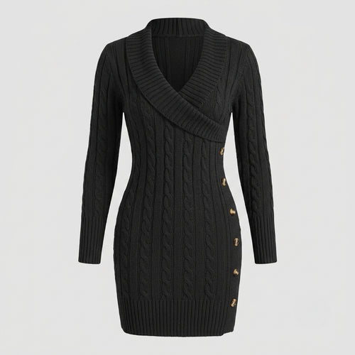 A black cable-knit wrap-style sweater dress with long sleeves and gold-tone buttons down the side, shown against a light gray background.