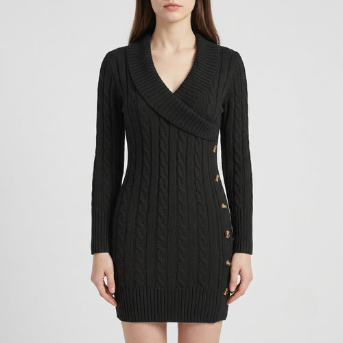 A woman wearing a black cable-knit wrap-style mini dress with a V-neck and decorative gold buttons on the side, photographed against a light gray studio background.