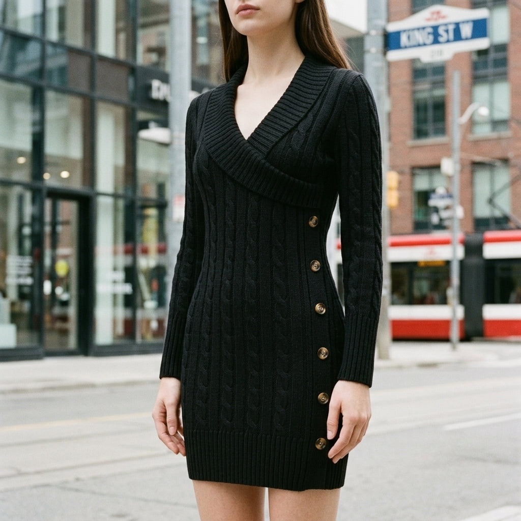 A woman wearing a black cable-knit wrap-style mini dress with a V-neck and decorative gold buttons down the front, standing on a city street with buildings and a street sign in the background.