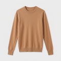 A classic crewneck knit sweater in a warm camel brown color, displayed flat against a light gray background.