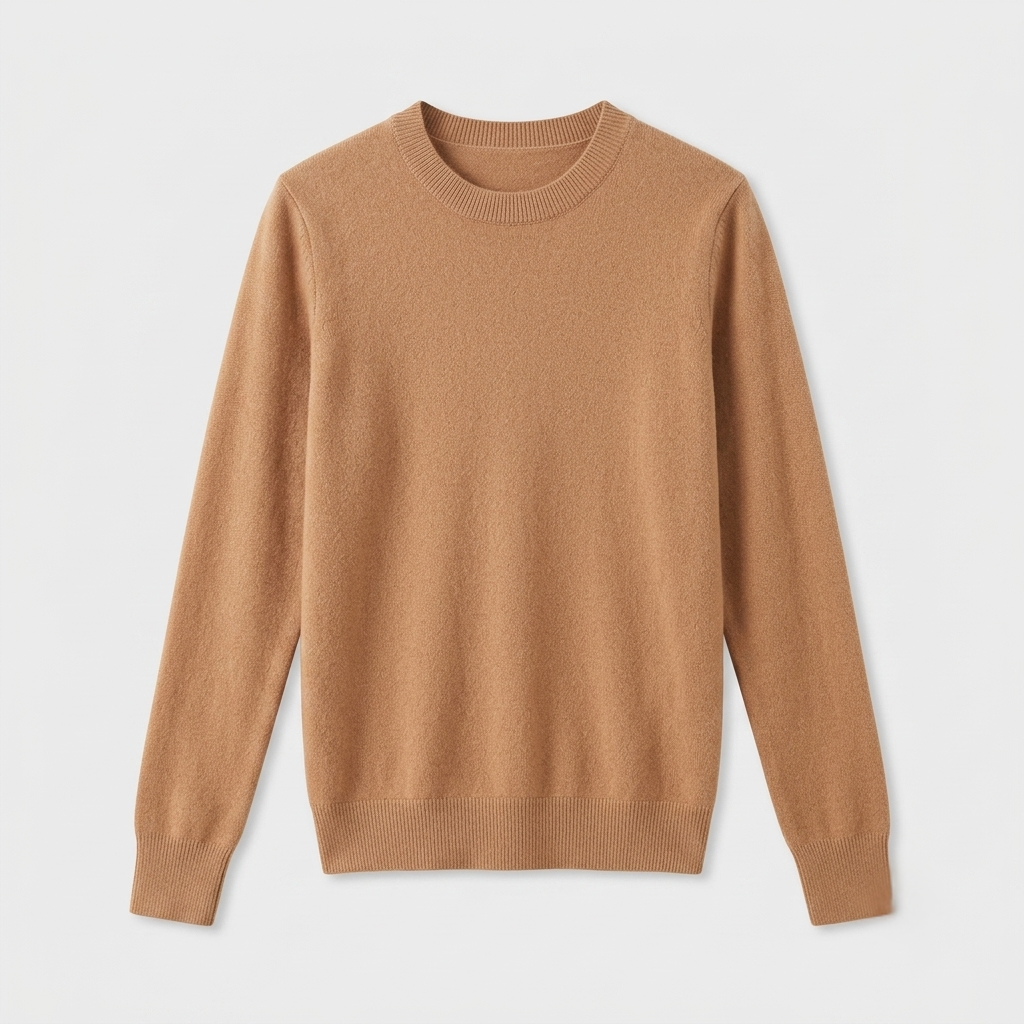 A classic crewneck knit sweater in a warm camel brown color, displayed flat against a light gray background.
