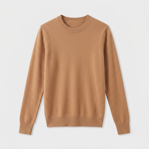 A classic crewneck knit sweater in a warm camel brown color, displayed flat against a light gray background.