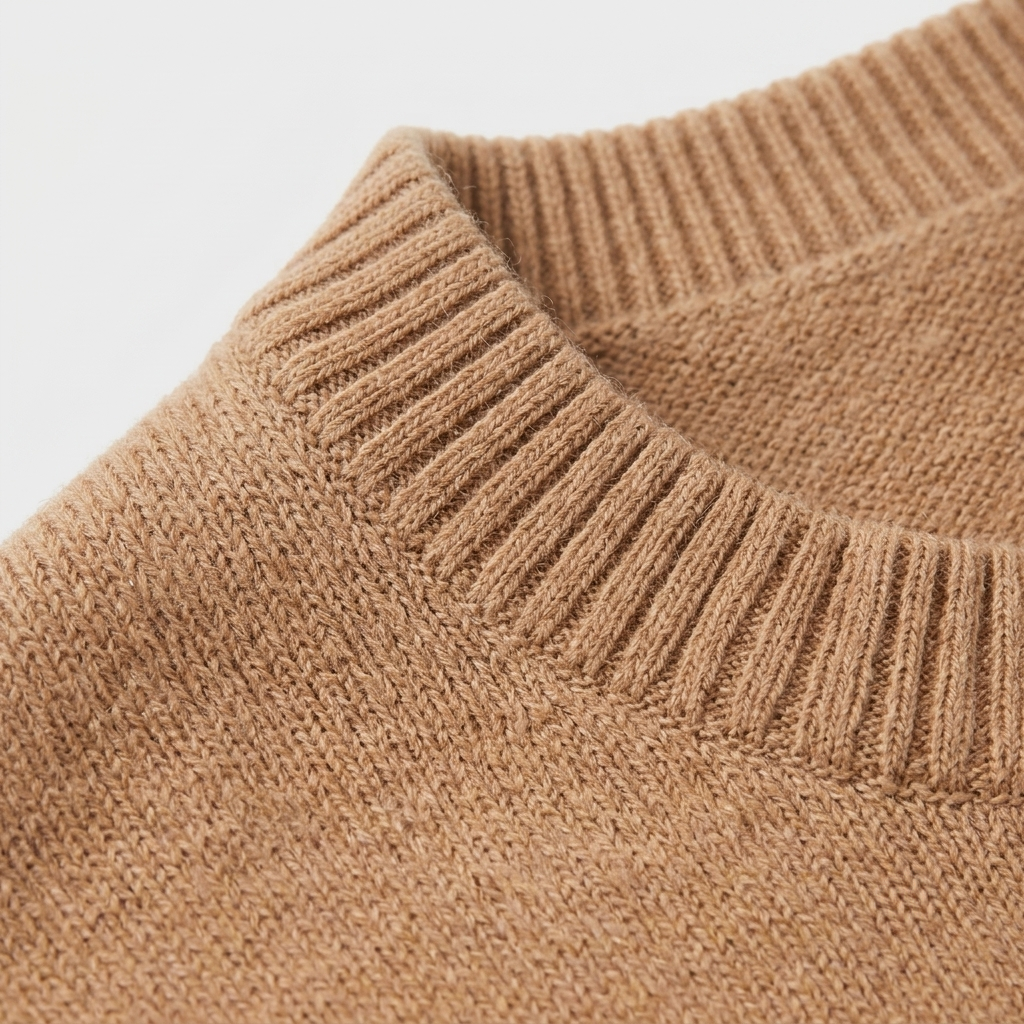 Close-up of a ribbed knit crew neck sweater in a warm camel brown color, showing the texture and stitch detail against a light gray background.