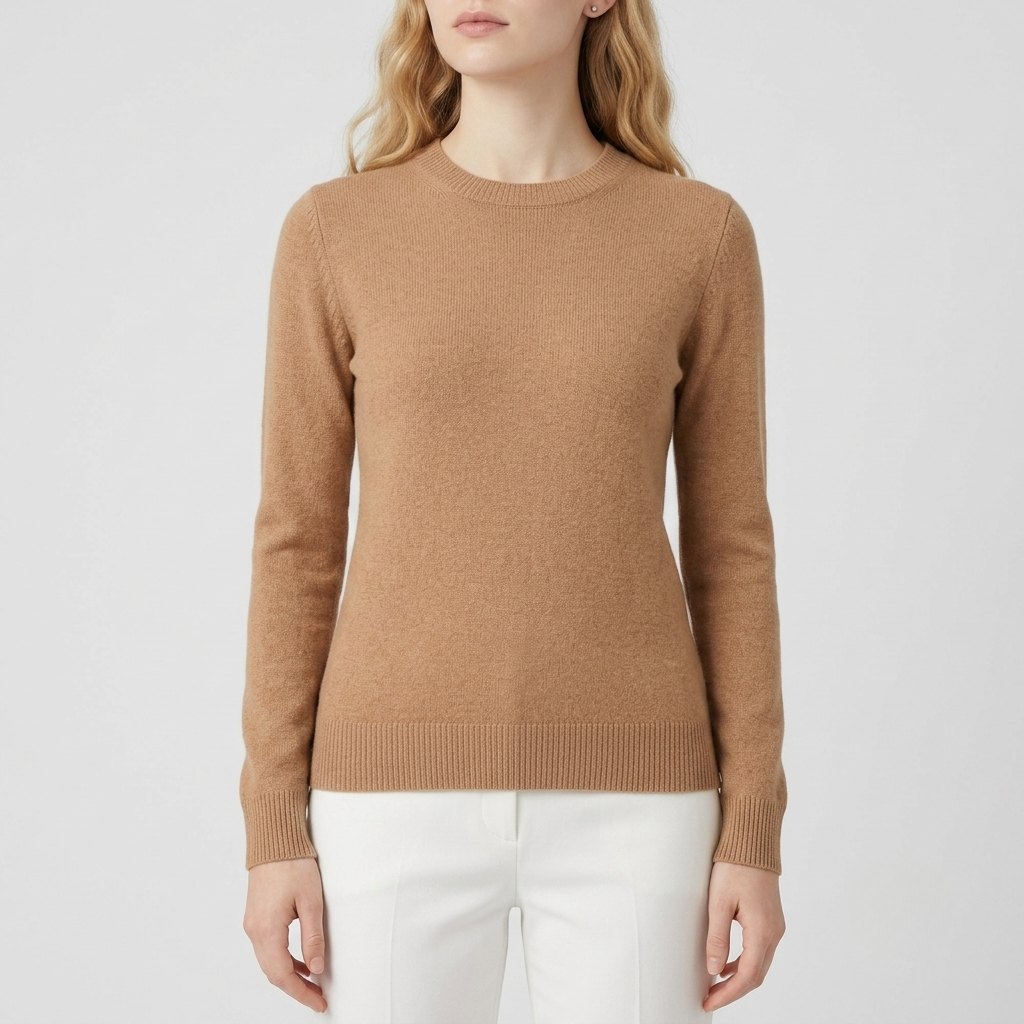 A woman wearing a light brown crewneck knit sweater and white trousers, shown from the chin down against a light gray studio background.