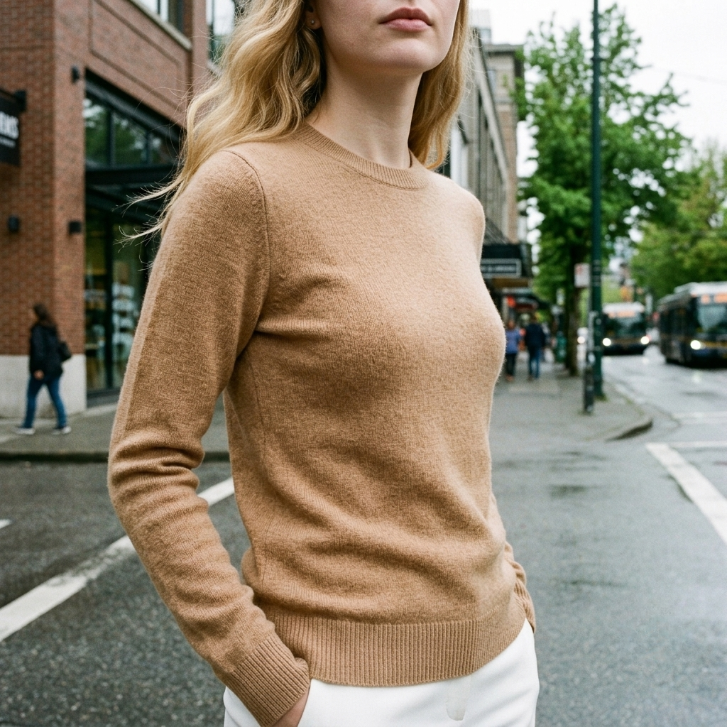 A woman wearing a light brown crewneck knit sweater and white pants, standing on a city street with buildings, trees, and a bus in the background.