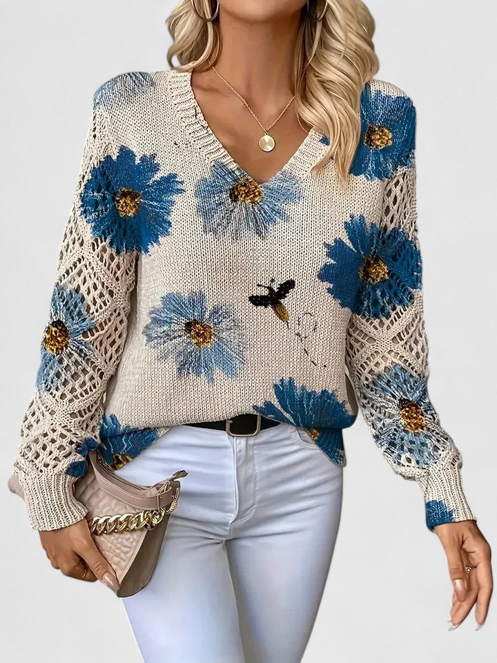 Women's Floral Knit Cardigan Sweater with Open Lattice Sleeves | Liza