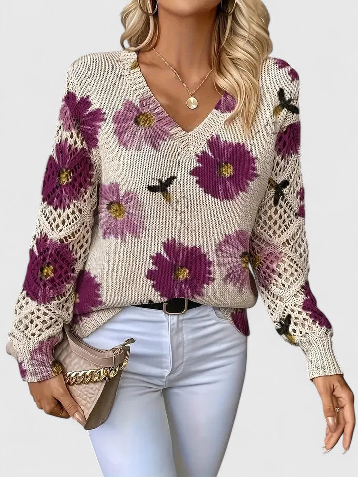 Women's Floral Knit Cardigan Sweater with Open Lattice Sleeves | Liza