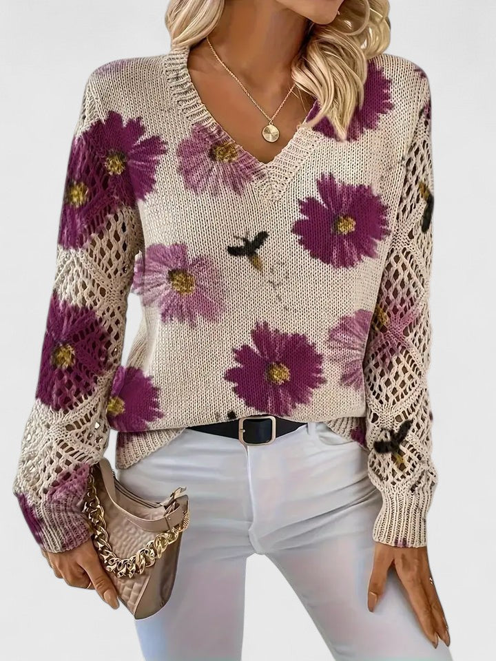 Women's Floral Knit Cardigan Sweater with Open Lattice Sleeves | Liza