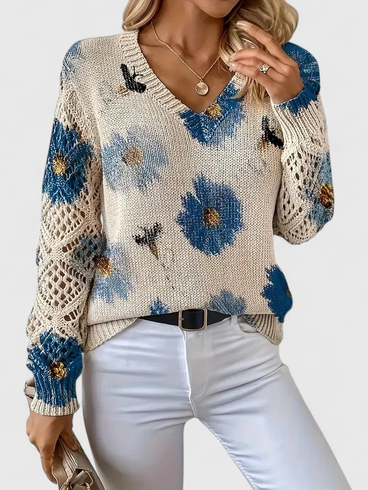 Women's Floral Knit Cardigan Sweater with Open Lattice Sleeves | Liza