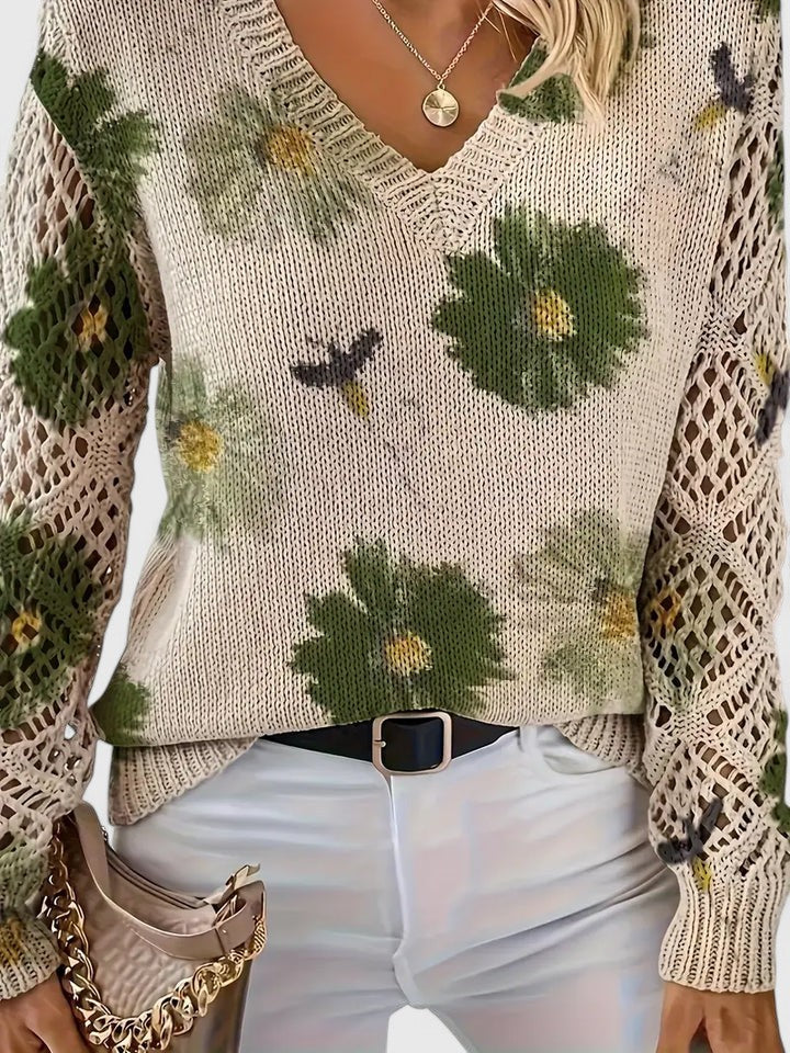 Women's Floral Knit Cardigan Sweater with Open Lattice Sleeves | Liza