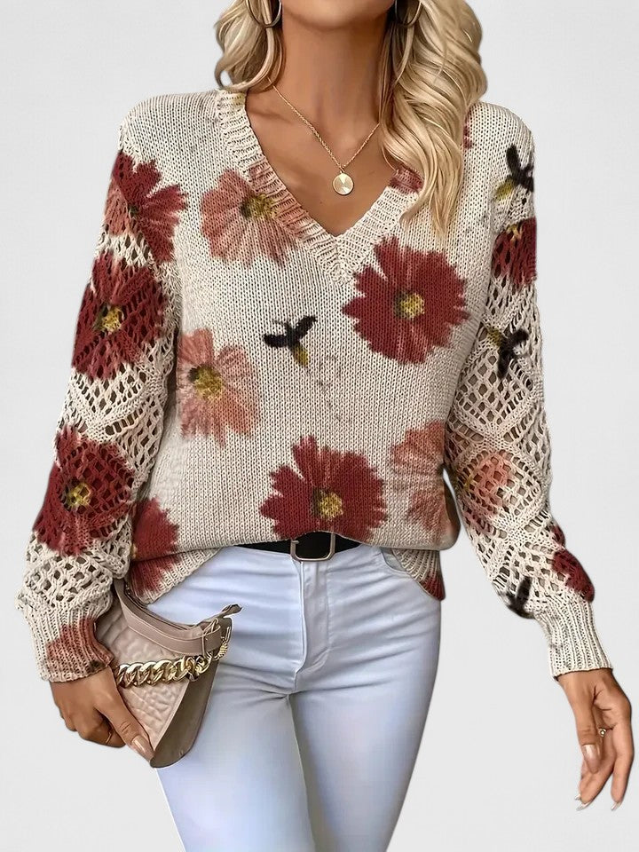 Women's Floral Knit Cardigan Sweater with Open Lattice Sleeves | Liza