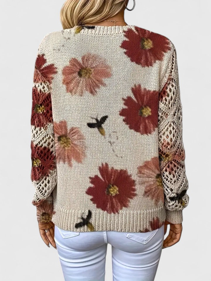 Women's Floral Knit Cardigan Sweater with Open Lattice Sleeves | Liza