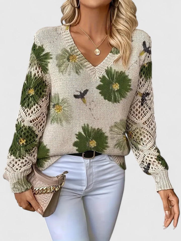 Women's Floral Knit Cardigan Sweater with Open Lattice Sleeves | Liza