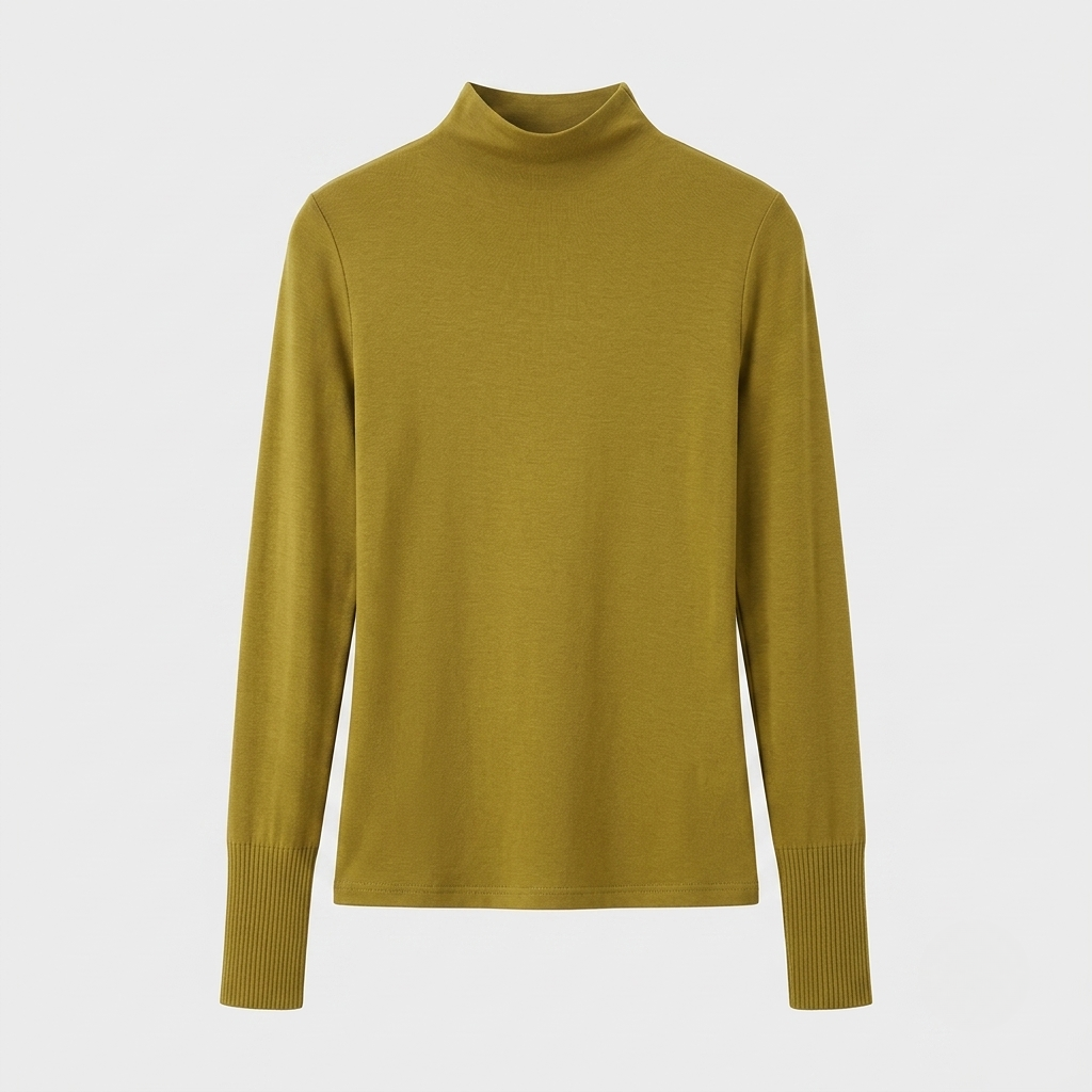 A long-sleeve knit mock neck sweater in an olive green color, displayed on a clean light gray background.