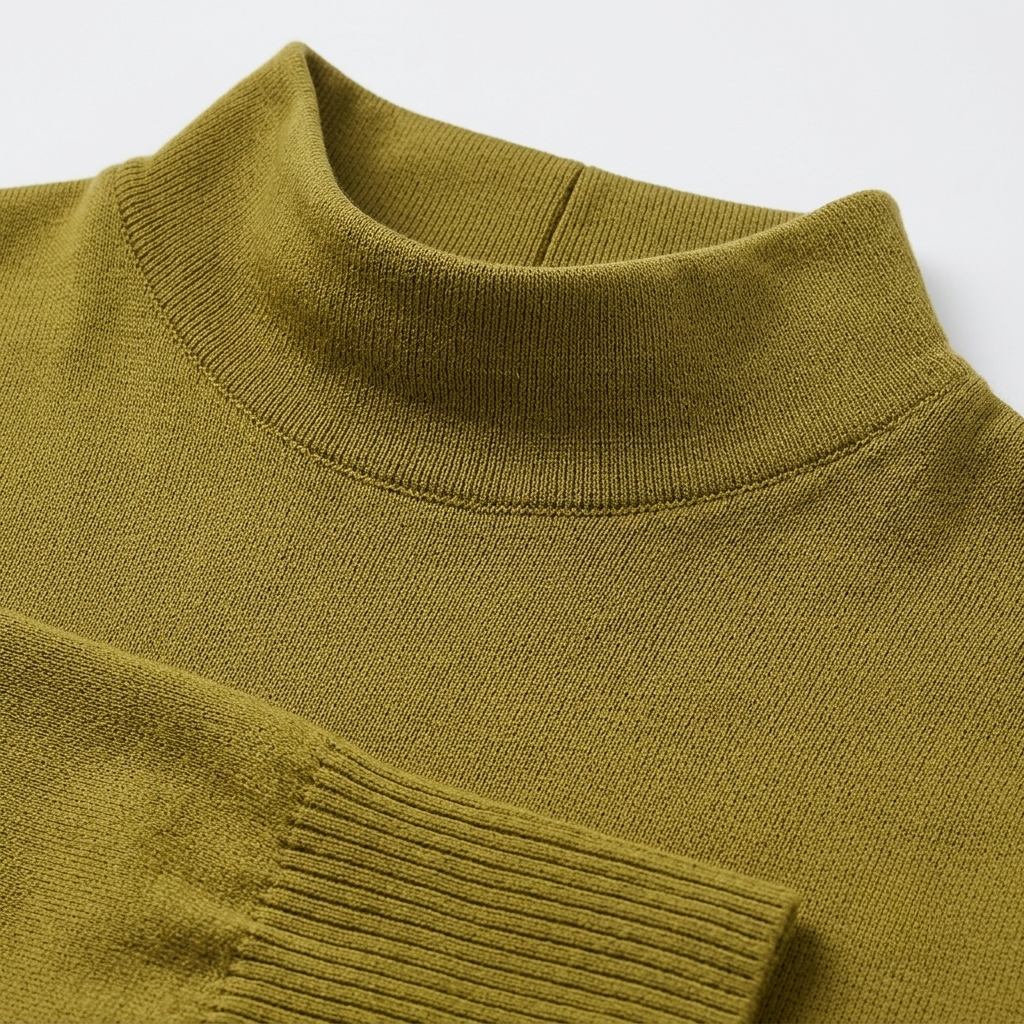 Close-up of a ribbed knit turtleneck sweater in olive green, showing the collar and sleeve cuff details against a light gray background.