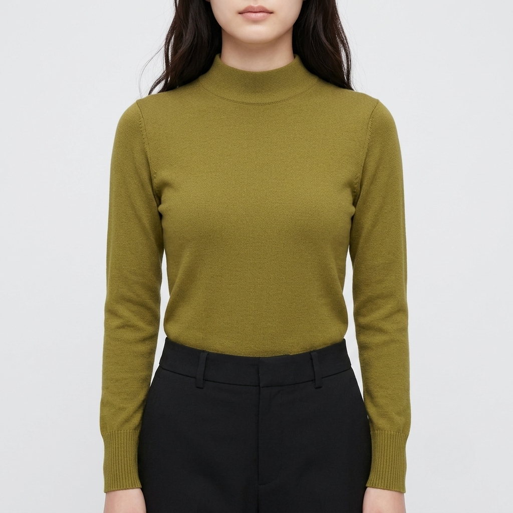 A woman wearing a fitted long-sleeve mock neck knit sweater in olive green, paired with black trousers, against a light gray studio background.