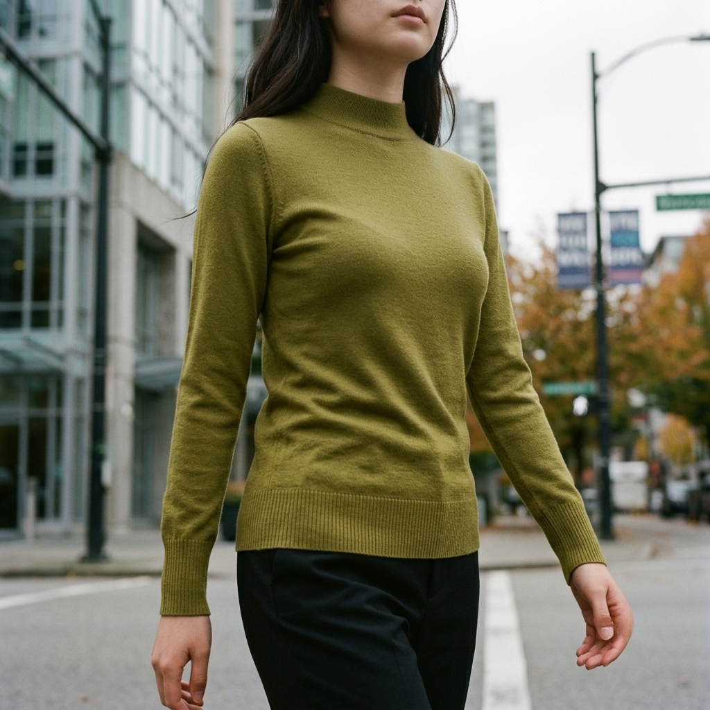 A woman wearing a fitted olive green mock-neck knit sweater and black pants walking on a city street.