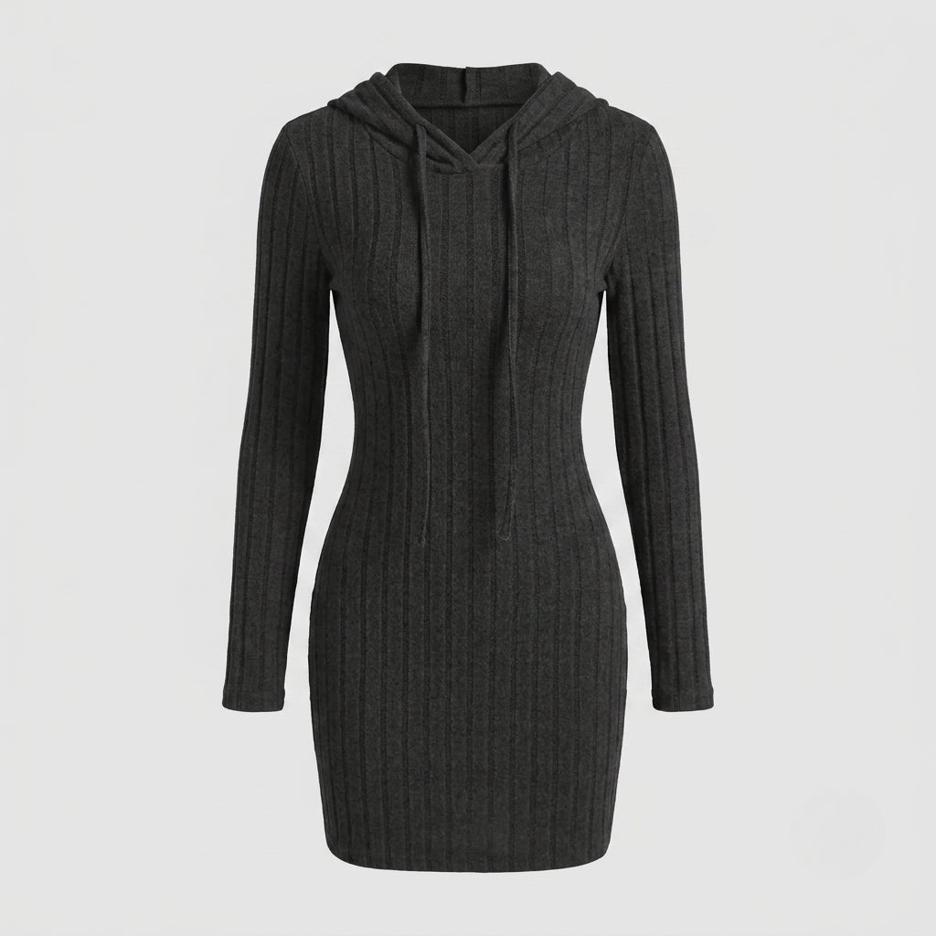 Women's Hooded Ribbed Knit Mini Dress Bodycon / Charcoal – Hello Chic