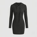 A dark gray ribbed knit hooded long-sleeve dress with drawstrings, shown on a light gray background.