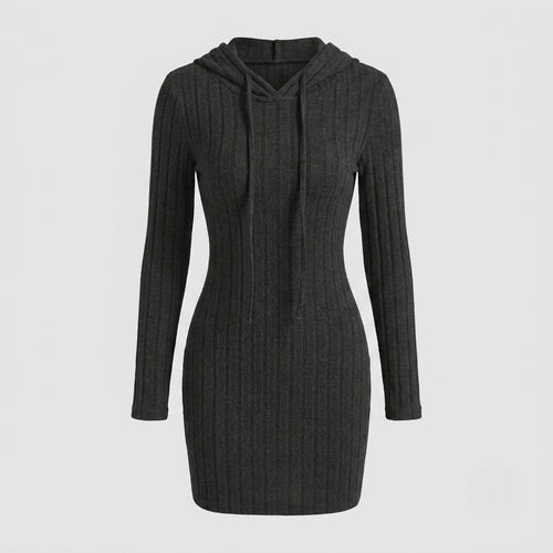 A dark gray ribbed knit hooded long-sleeve dress with drawstrings, shown on a light gray background.