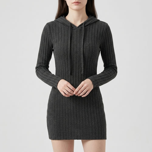 A woman wearing a dark gray ribbed knit hooded sweater dress with long sleeves and drawstrings, shown against a light gray studio background.