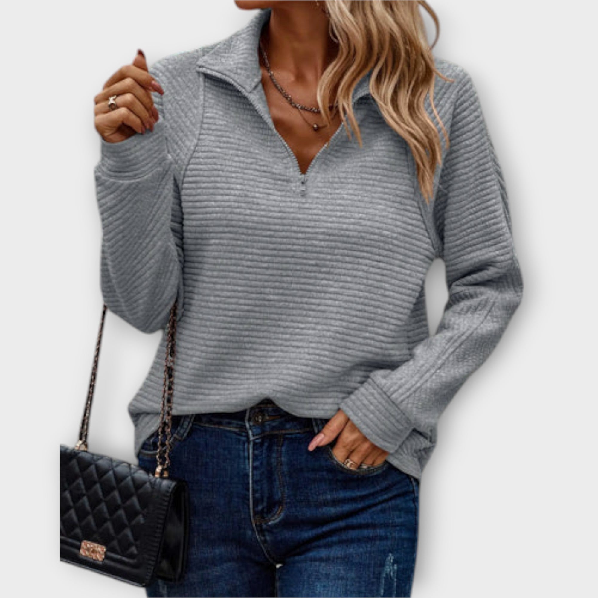 Women's Knit V-Neck Sweater with Zipper | Chloe