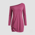 A women's long-sleeve knit top in heathered magenta pink, featuring an asymmetrical off-the-shoulder neckline and a twisted detail at the front hem, shown against a light gray background.