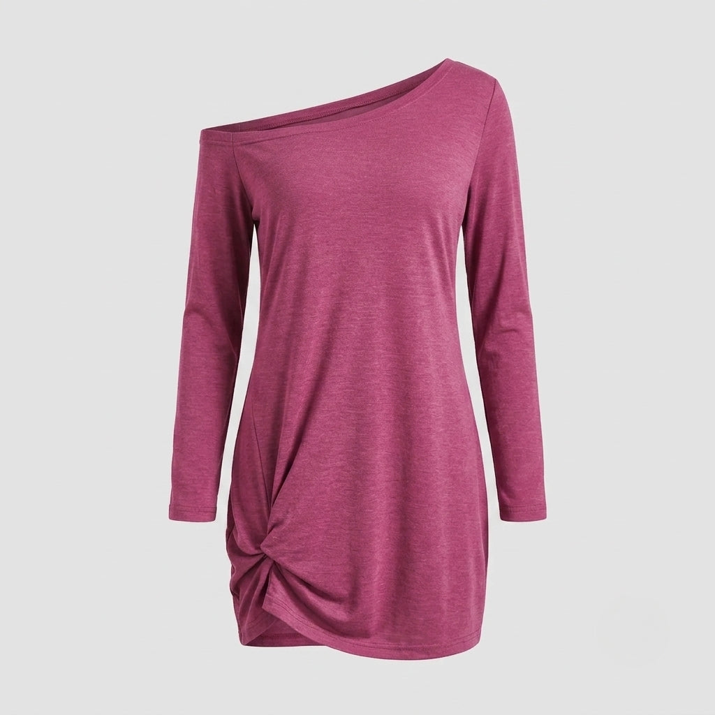 A women's long-sleeve knit top in heathered magenta pink, featuring an asymmetrical off-the-shoulder neckline and a twisted detail at the front hem, shown against a light gray background.