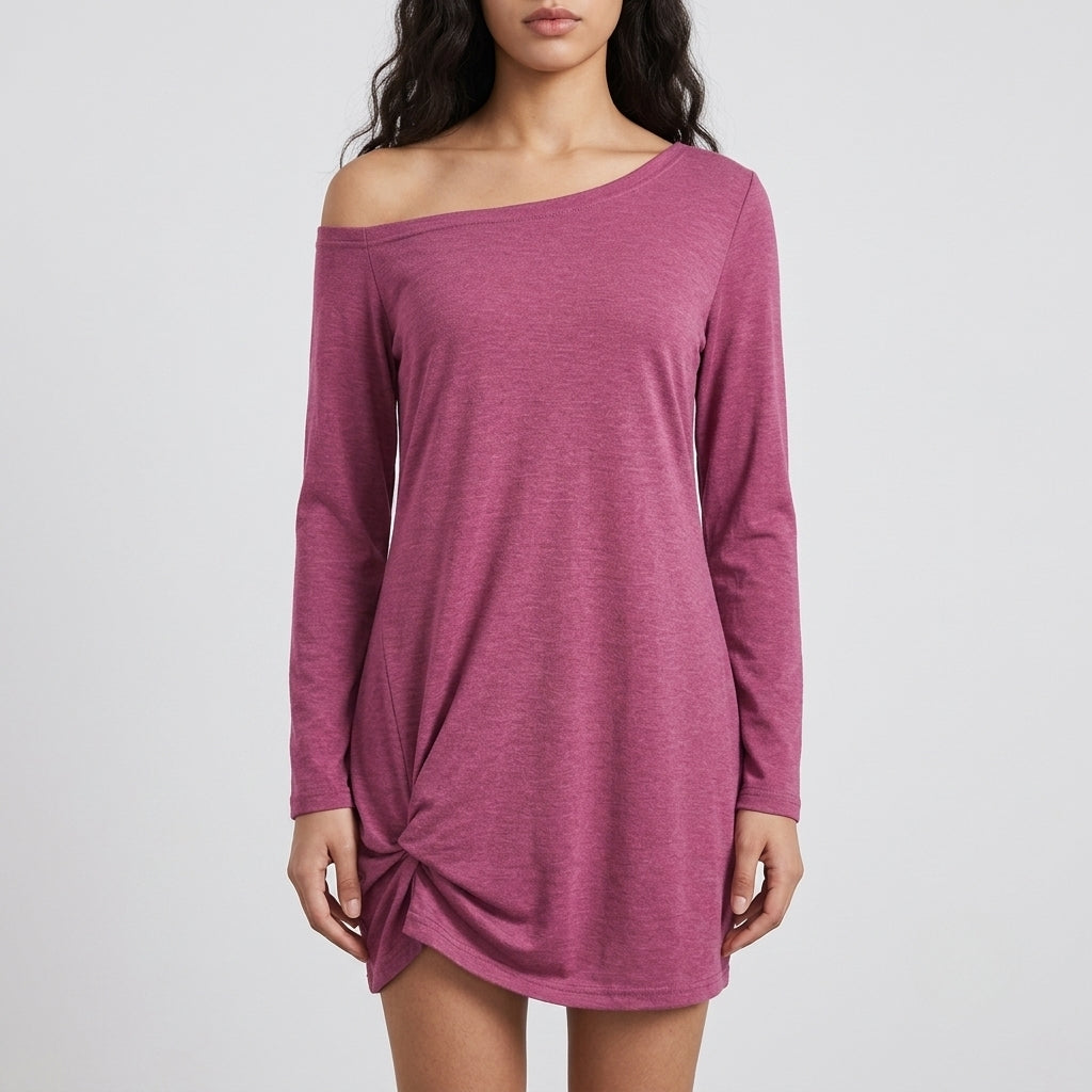 A woman wearing a heathered magenta long-sleeve off-the-shoulder mini dress with a twisted hem detail, shown against a plain light gray studio background.