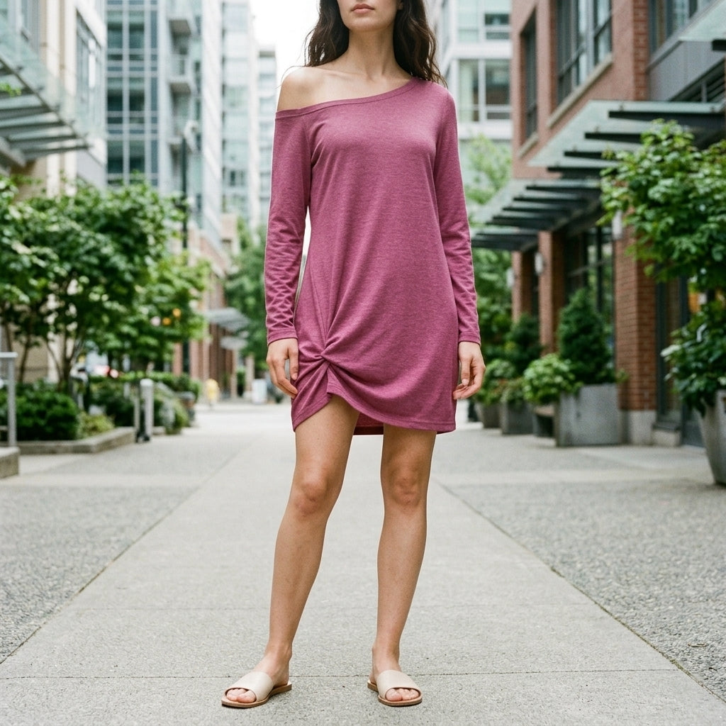 A woman wearing a dusty rose long-sleeve off-the-shoulder mini dress with a gathered asymmetrical hem, standing on a paved walkway in an urban setting.