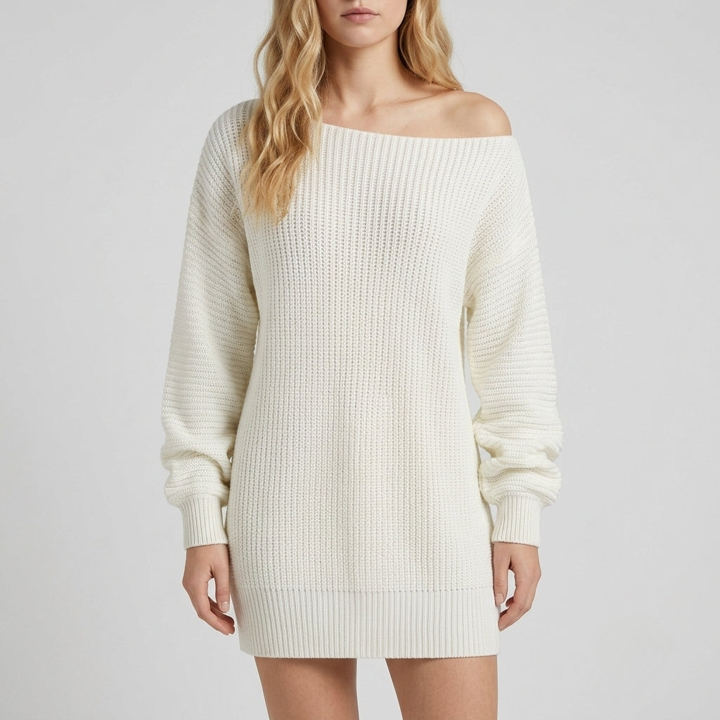 A woman wearing a white off-the-shoulder knit sweater dress with a chunky ribbed texture, shown against a light gray studio background.