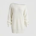 An off-the-shoulder, long-sleeve knit sweater in white, featuring a ribbed waffle texture, cuffs, and hem, shown against a light gray background.