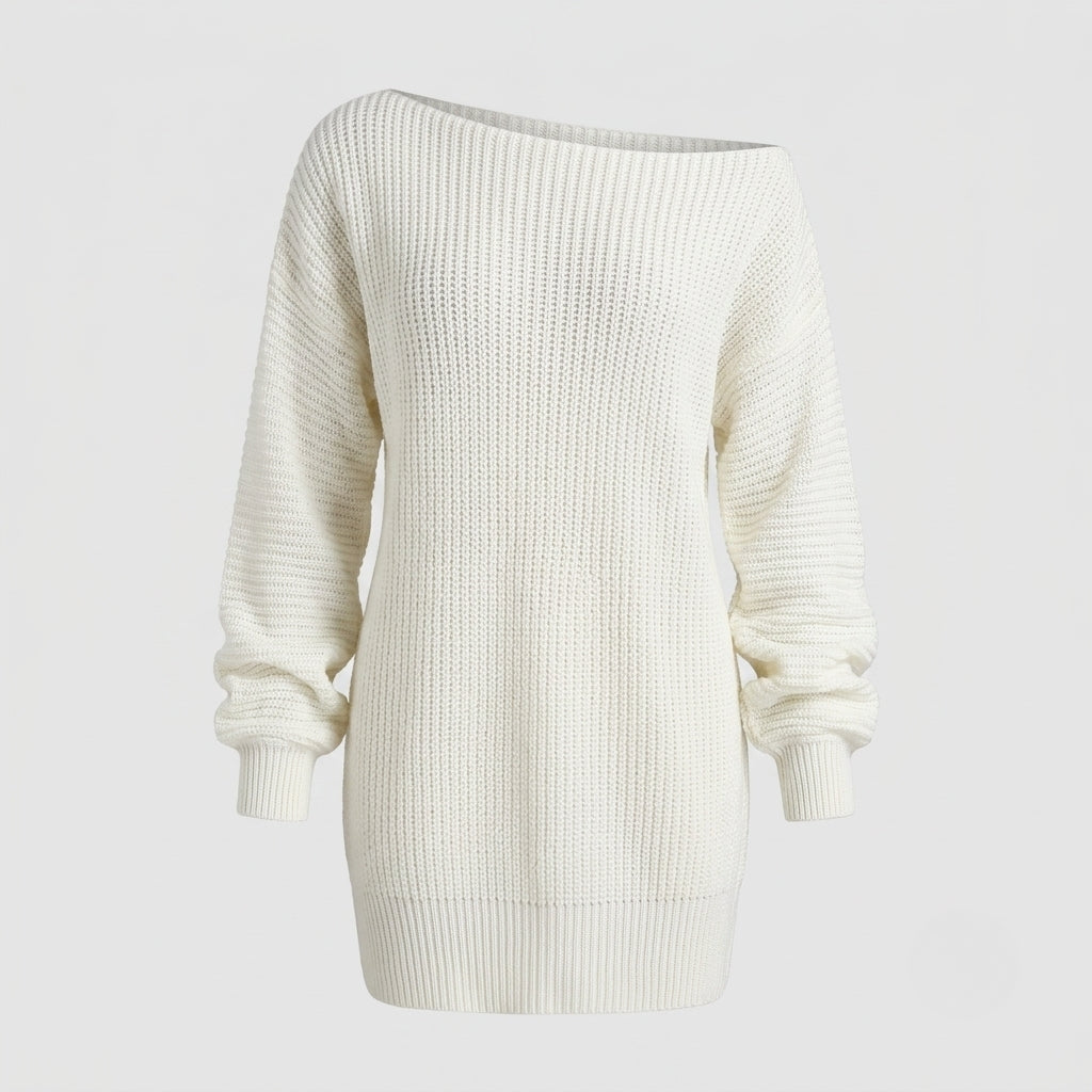 An off-the-shoulder, long-sleeve knit sweater in white, featuring a ribbed waffle texture, cuffs, and hem, shown against a light gray background.