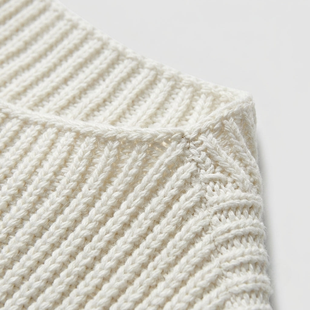 Close-up of a white-colored knit garment showing the ribbed and textured fabric details against a light gray background.