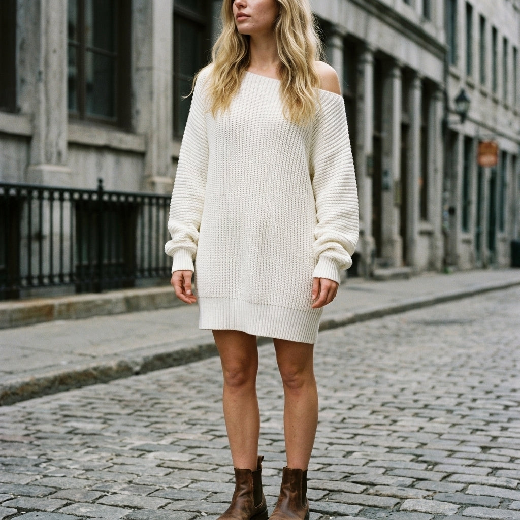A woman wearing a white off-the-shoulder ribbed knit sweater dress, standing on a cobblestone street with historic stone buildings in the background.