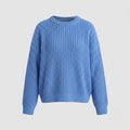 A light blue ribbed knit sweater with a crew neck and long sleeves, shown against a solid light gray background.