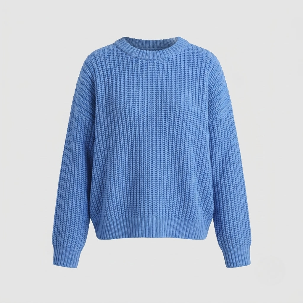 A light blue ribbed knit sweater with a crew neck and long sleeves, shown against a solid light gray background.