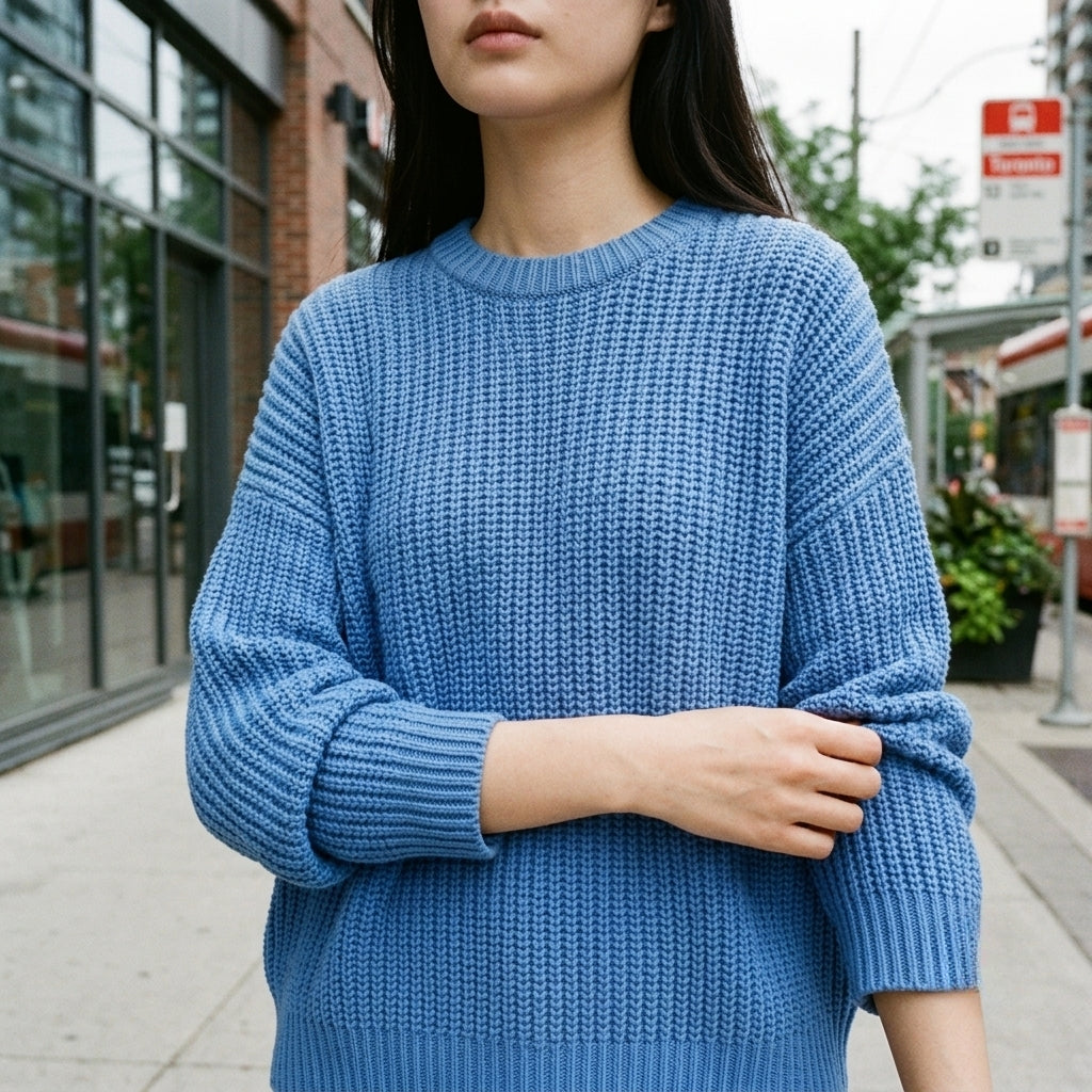 A woman wearing a chunky blue knit sweater, standing on a city sidewalk with buildings and street elements blurred in the background.